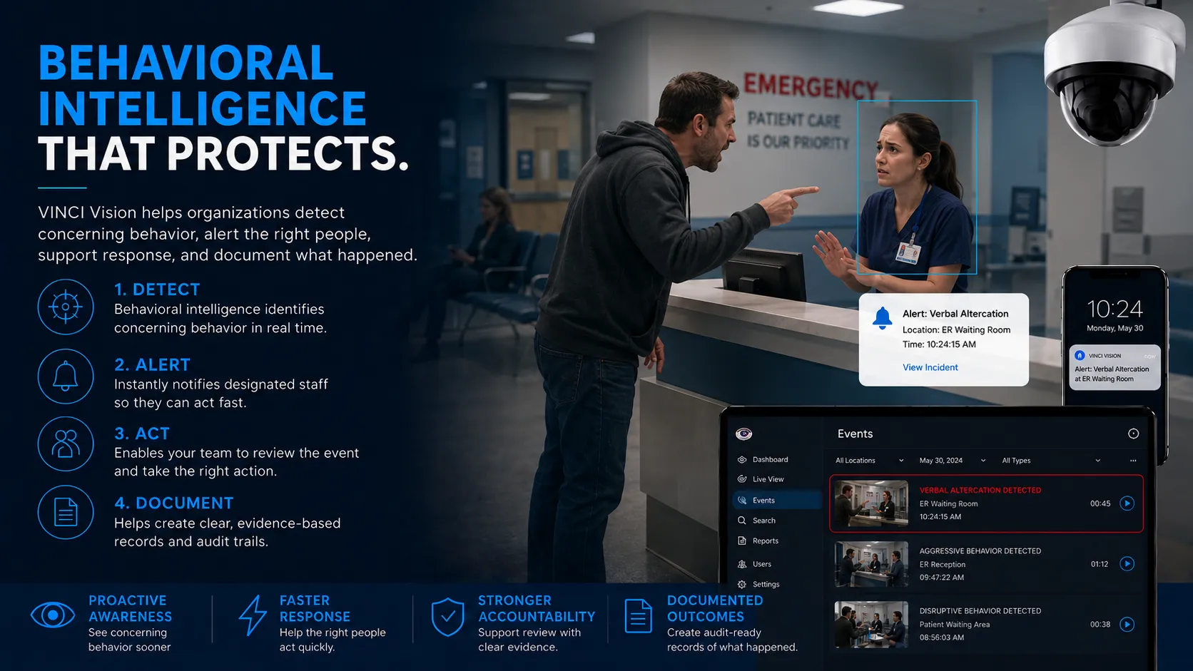 Behavioral Intelligence that protects. VINCI Vision helps organizations detect concerning behavior, alert the right people, support response, and document what happened. 1. Detect: behavioral intelligence identifies concerning behavior in real time. 2. Alert: instantly notifies designated staff so they can act fast. 3. Act: enables your team to review the event and take the right action. 4. Document: helps create clear, evidence-based records and audit trails. Shown here detecting a verbal altercation in a hospital emergency waiting room.